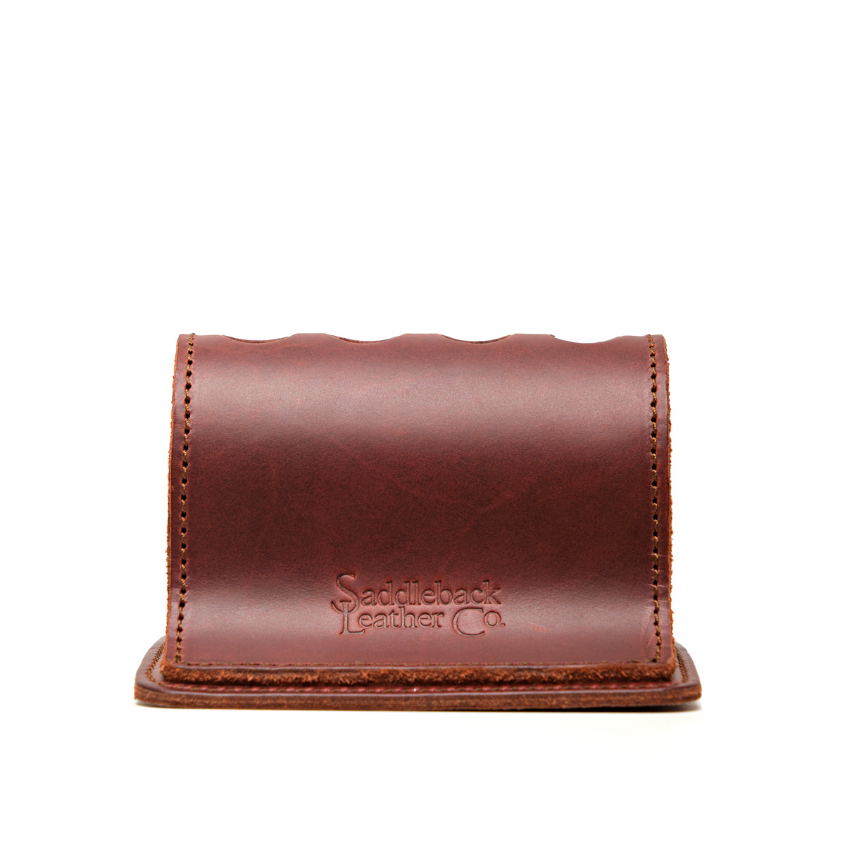 Pen Holder Bell Curve in Chestnut leather, empty front view showing the scalloped top and embossed Saddleback Leather Co. logo