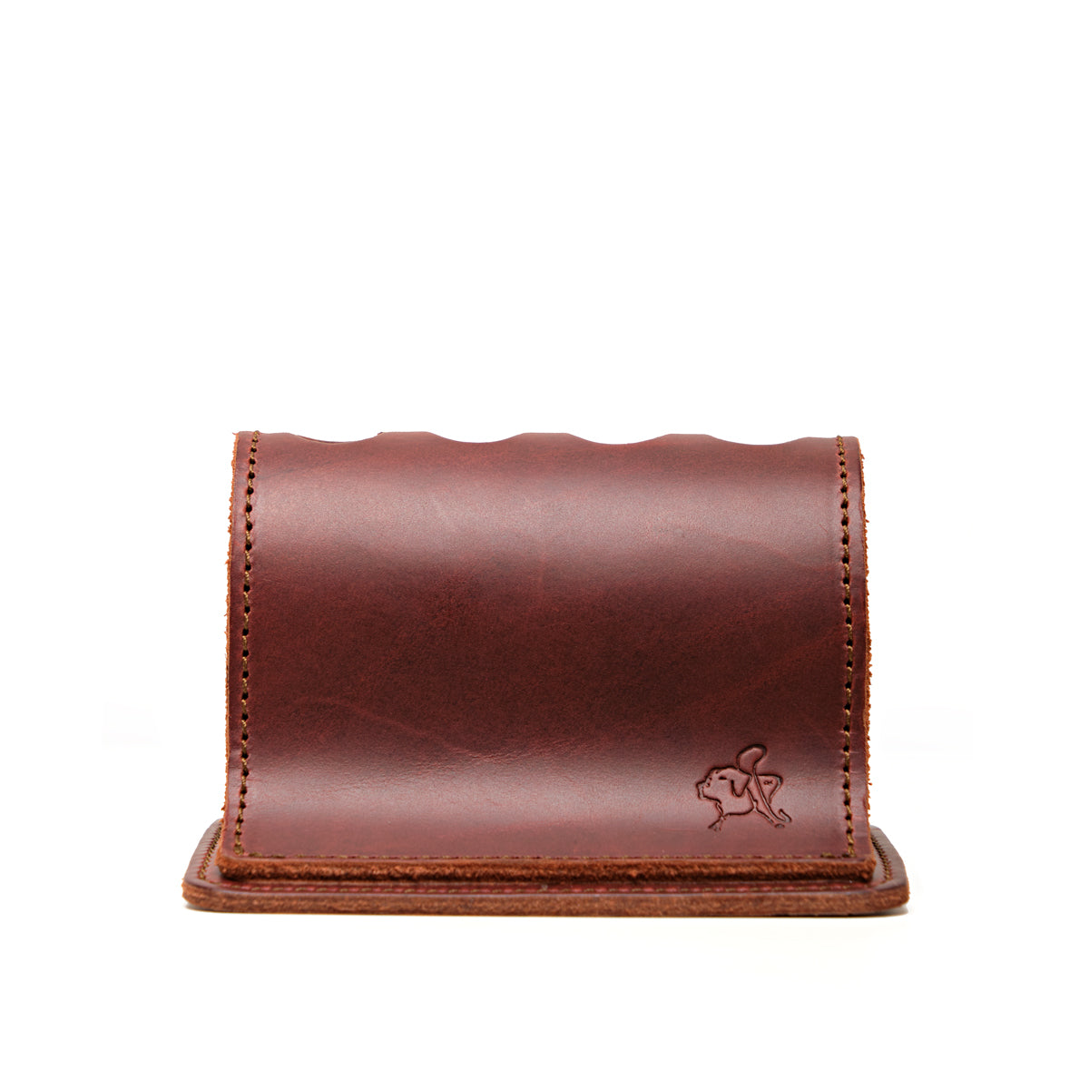 Pen Holder Bell Curve in Chestnut leather, empty back view with scalloped top and embossed pig logo