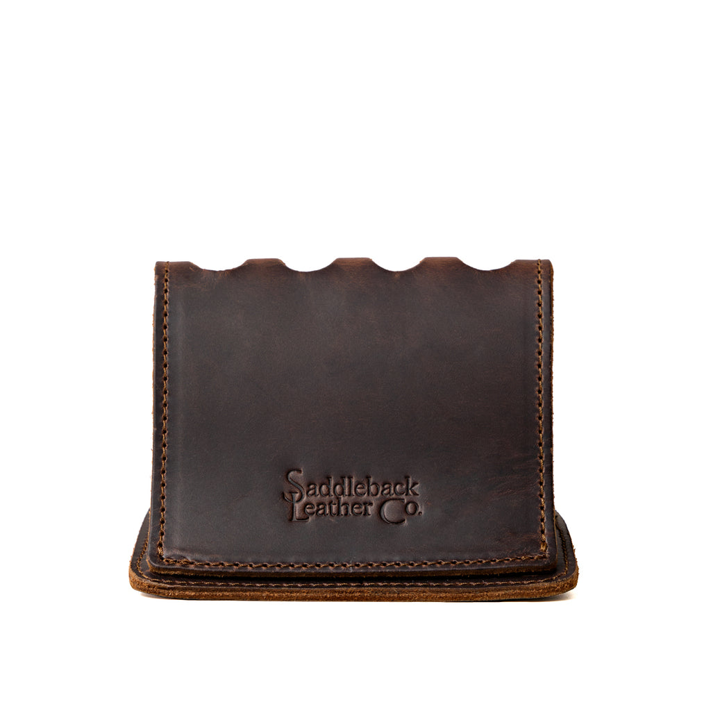 Pen Holder Bell Curve in Dark Coffee Brown leather, empty front view showing the scalloped top and embossed Saddleback Leather Co. logo