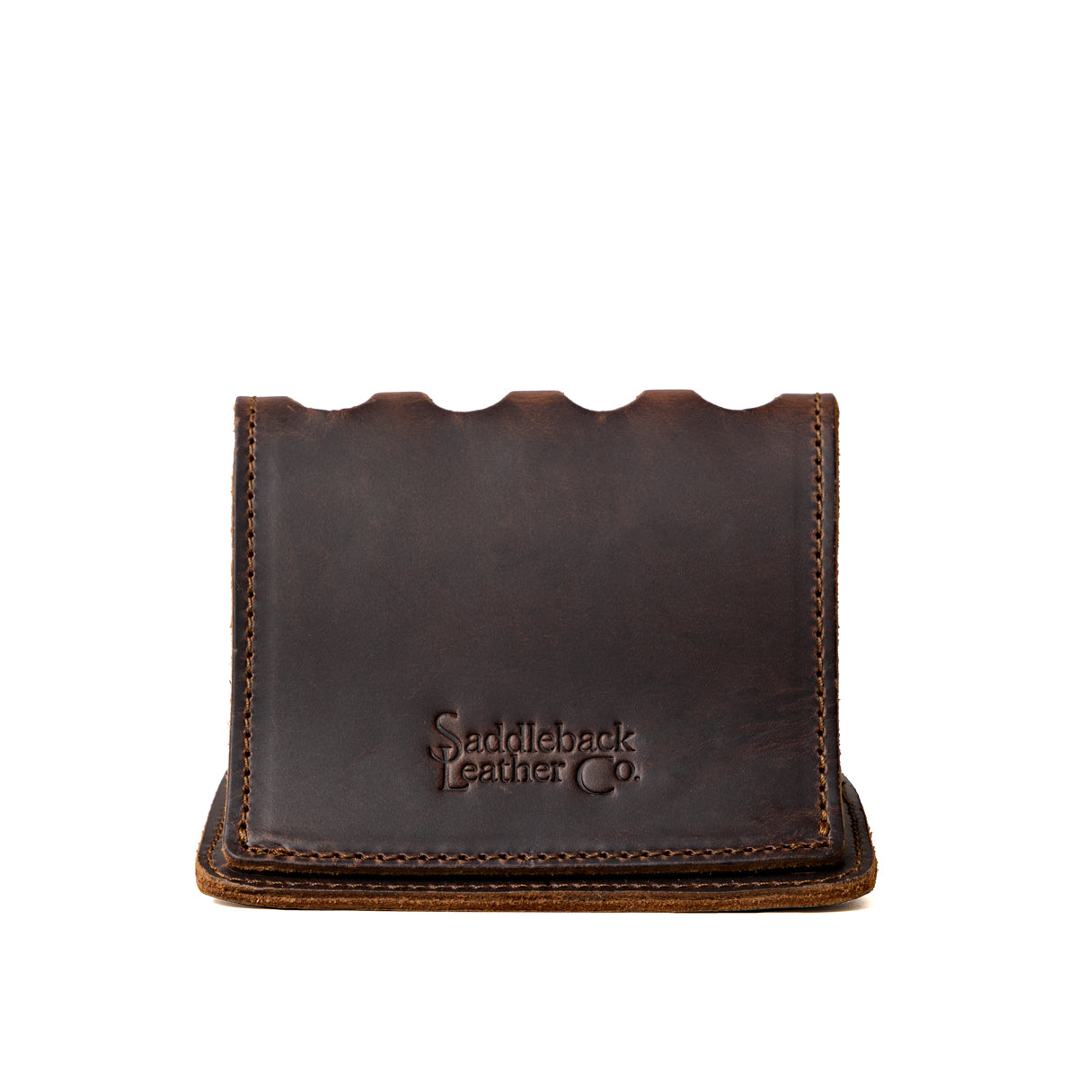Pen Holder Bell Curve in Dark Coffee Brown leather, empty front view showing the scalloped top and embossed Saddleback Leather Co. logo