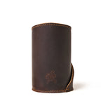 Pen Cup in Dark Coffee Brown leather, back view of the empty cup with embossed pig logo and stitched edges