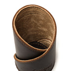 Pen Cup in Dark Coffee Brown leather, close-up top view of the spiral wrap, stitched edges and suede interior