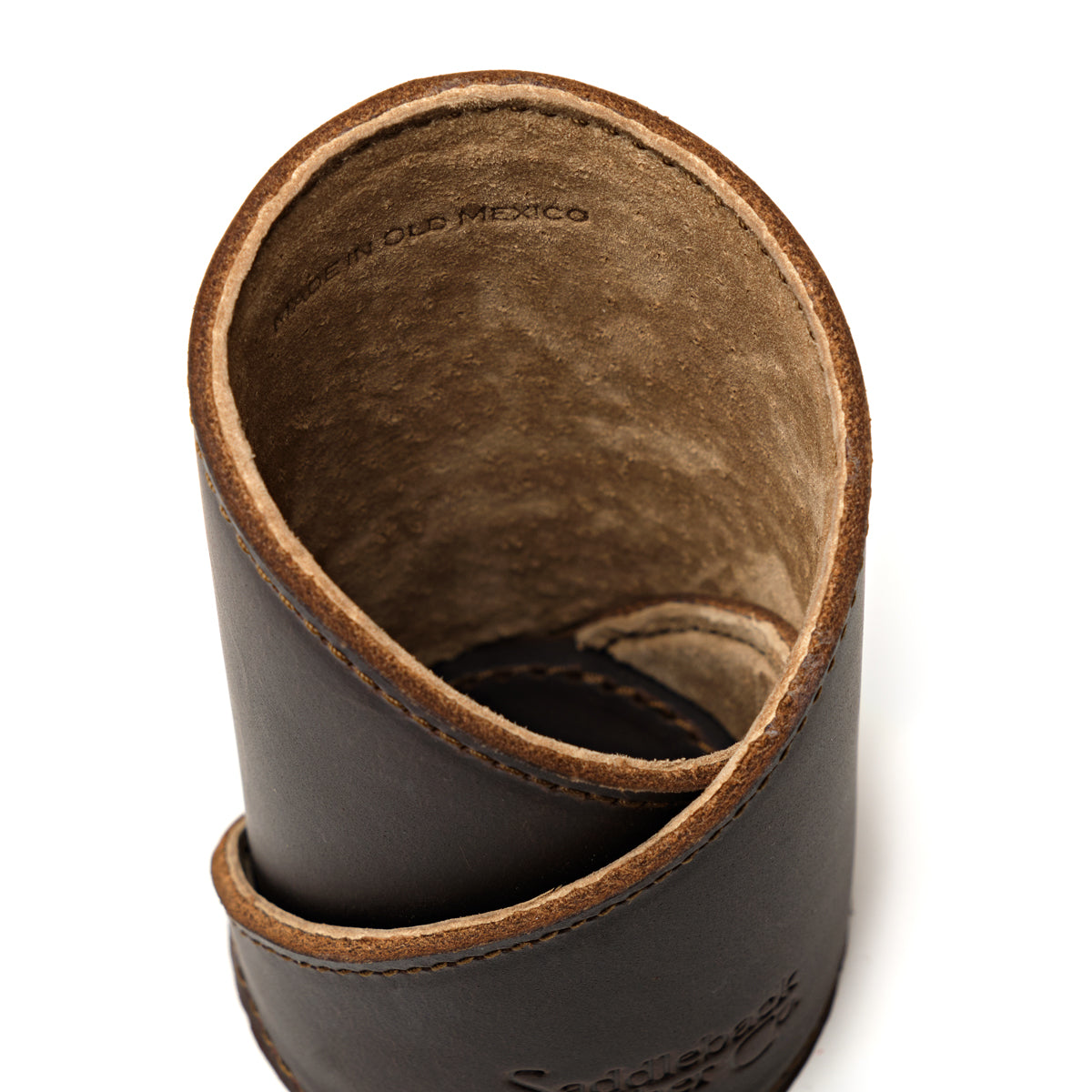 Pen Cup in Dark Coffee Brown leather, close-up top view of the spiral wrap, stitched edges and suede interior