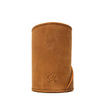 Pen Cup in Tobacco leather, back view of the empty cup with embossed pig logo and stitched edges