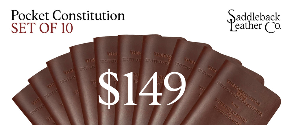 Pocket Declaration/Constitution Set of 10 in Chestnut fanned out, banner reading Pocket Constitution Set of 10, $149