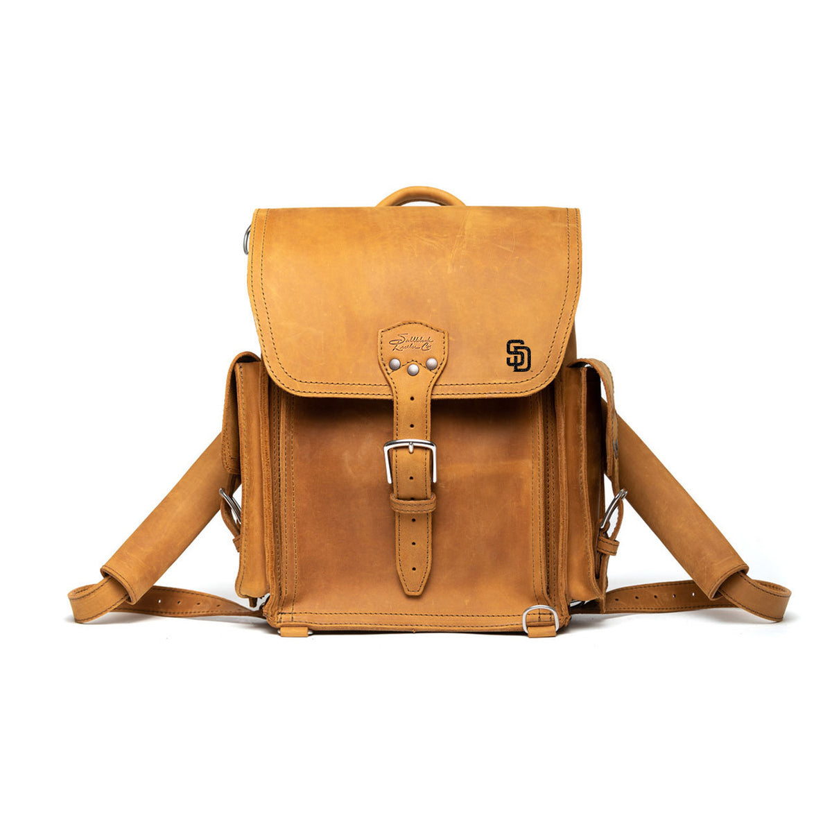 Tank Backpack - San Diego Padres in Tobacco, front view with embossed Padres logo and buckled flap