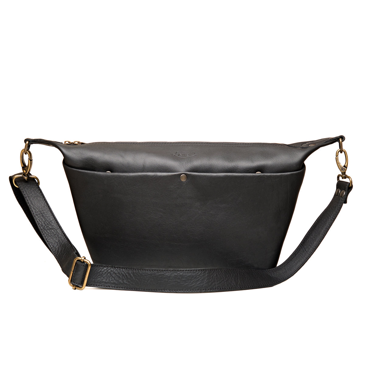 London Sling Large in Black, front view with snap pocket and buckled adjustable strap
