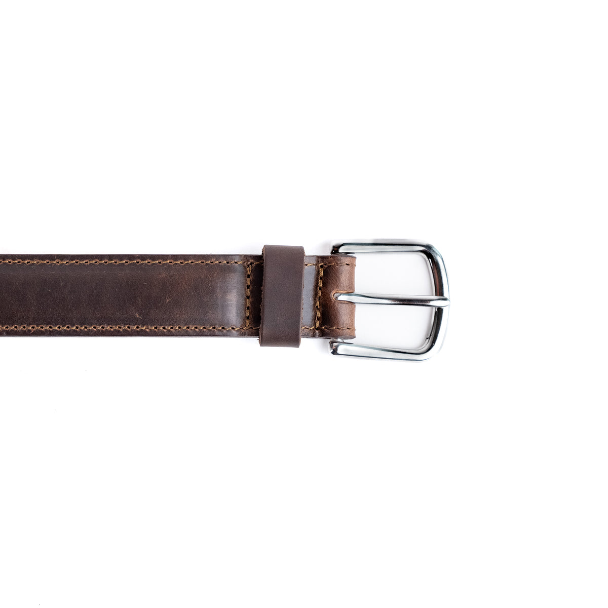 Dress Belt in Dark Coffee Brown, close-up of the stainless steel buckle, keeper and edge stitching