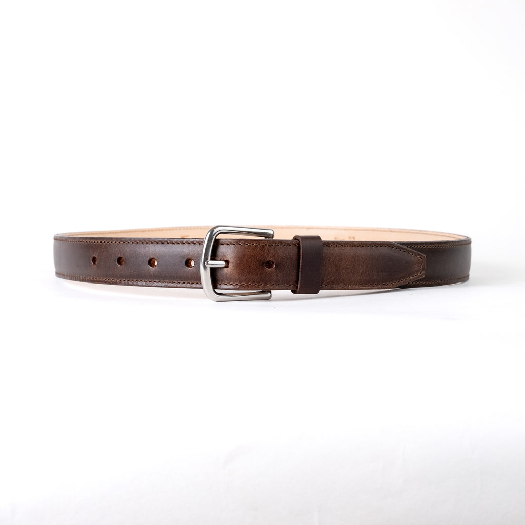 Dress Belt in Dark Coffee Brown, buckled front view showing the stainless steel buckle and leather keeper