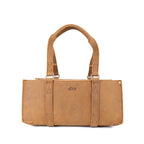 Range and Tool Tote in Tobacco leather with strap-wrapped body and twin handles, front view
