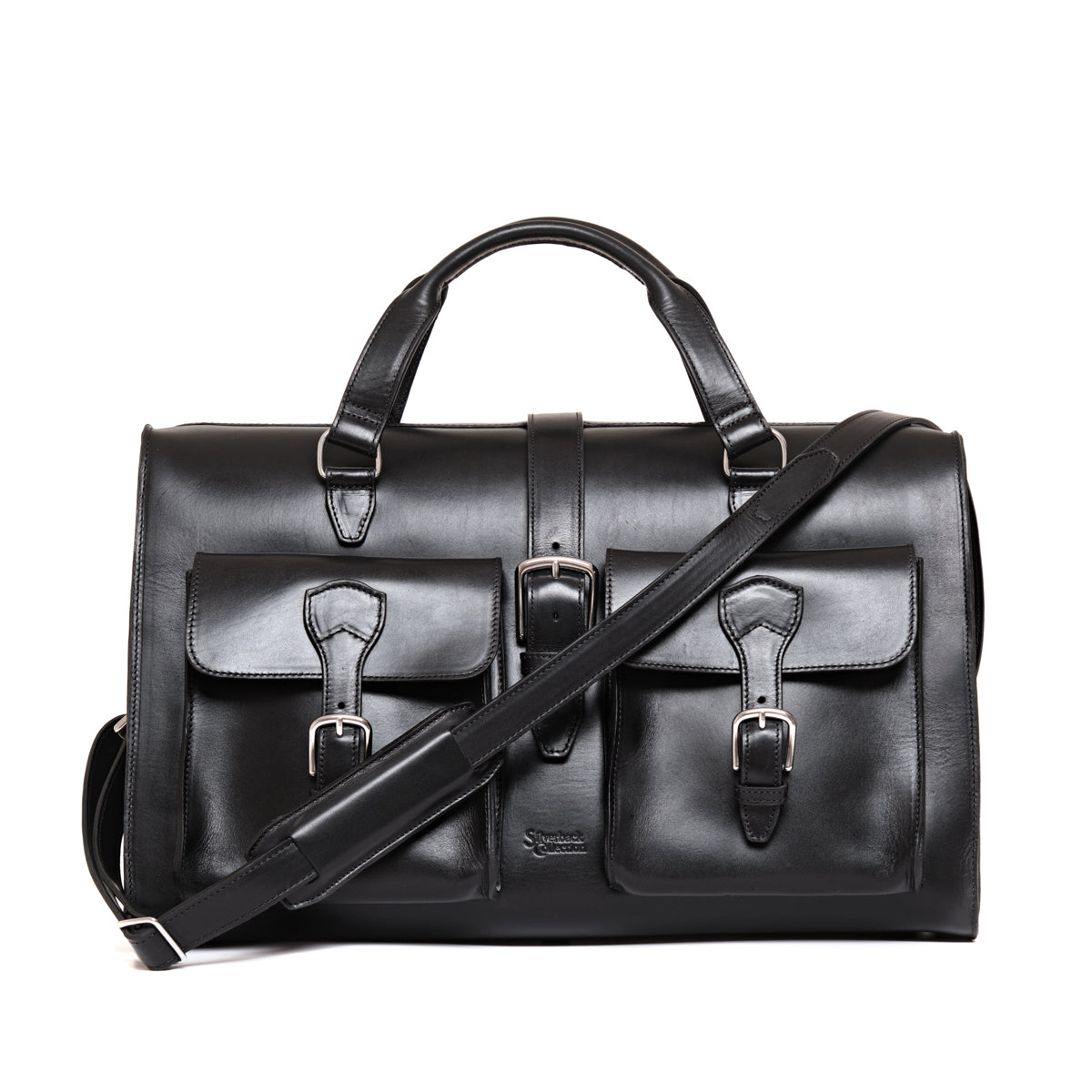Wesley Deep Pocket Duffle in Raven Black, front view with two buckled pockets and shoulder strap