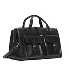 Wesley Deep Pocket Duffle in Raven Black, three-quarter view showing front pockets and side
