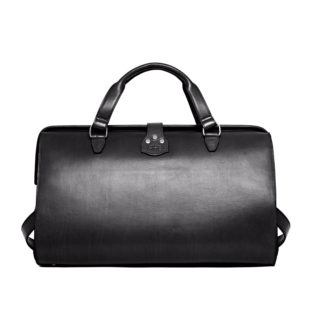 Wesley Deep Pocket Duffle in Raven Black, back view with top handles and center strap