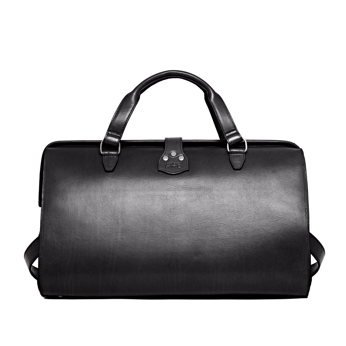 Wesley Deep Pocket Duffle in Raven Black, back view with top handles and center strap