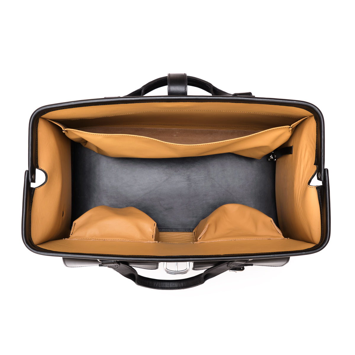 Wesley Deep Pocket Duffle in Raven Black, top view of the open interior with lined pockets