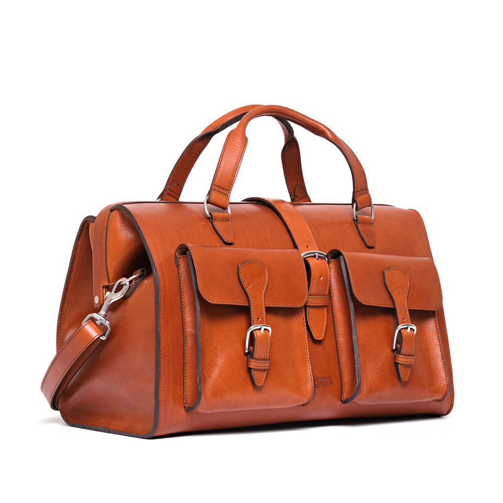 Wesley Deep Pocket Duffle in English Tan, three-quarter view showing front pockets and side
