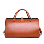 Wesley Deep Pocket Duffle in English Tan, back view with top handles and center strap