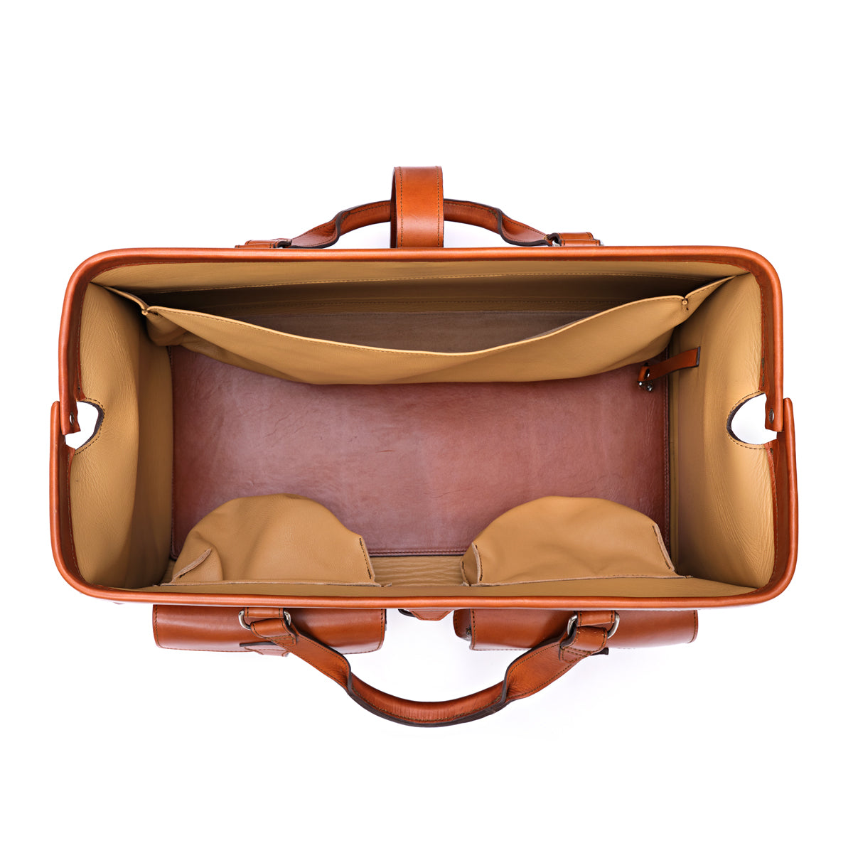 Wesley Deep Pocket Duffle in English Tan, top view of the open interior with lined pockets