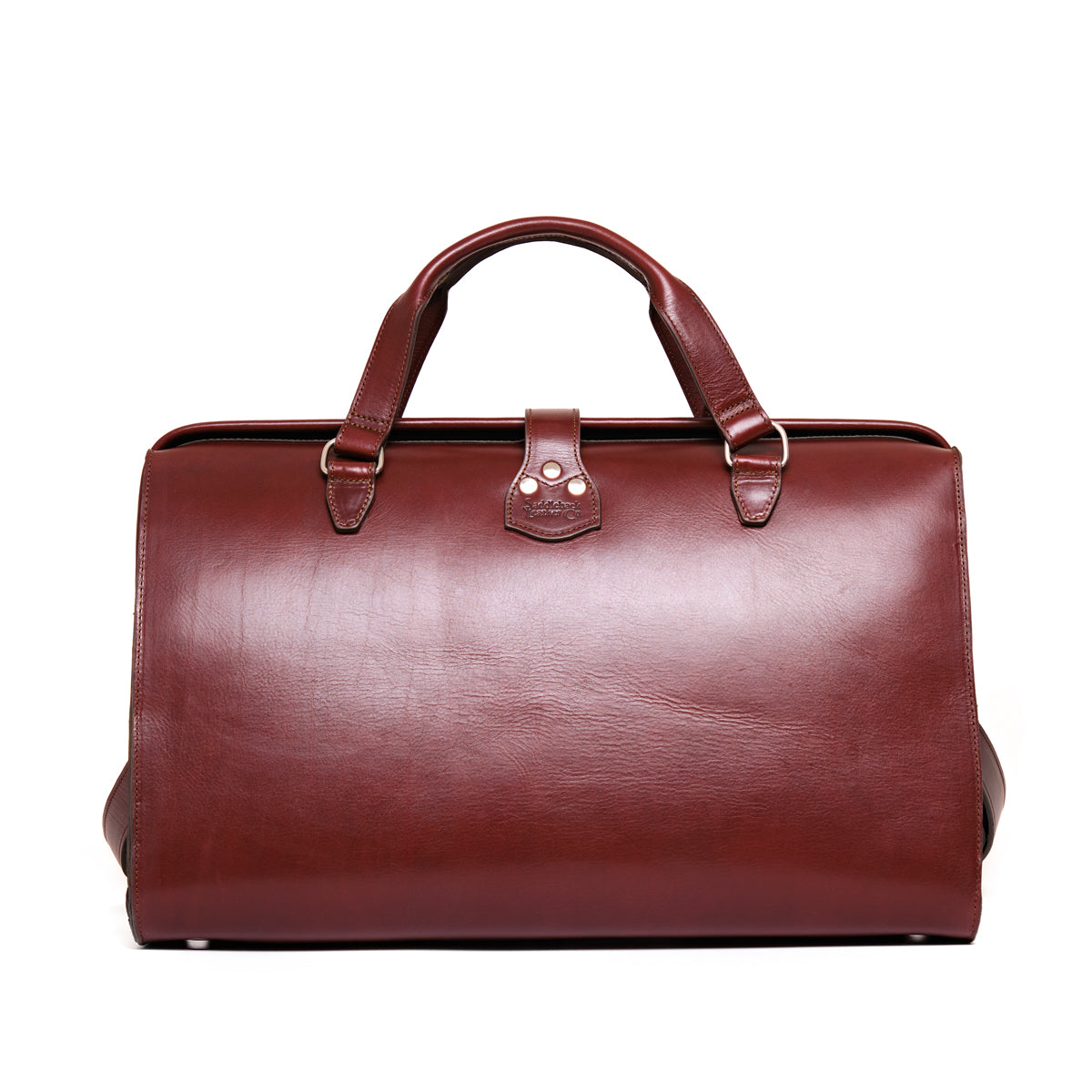 Wesley Deep Pocket Duffle in Oxblood, back view with top handles and center strap