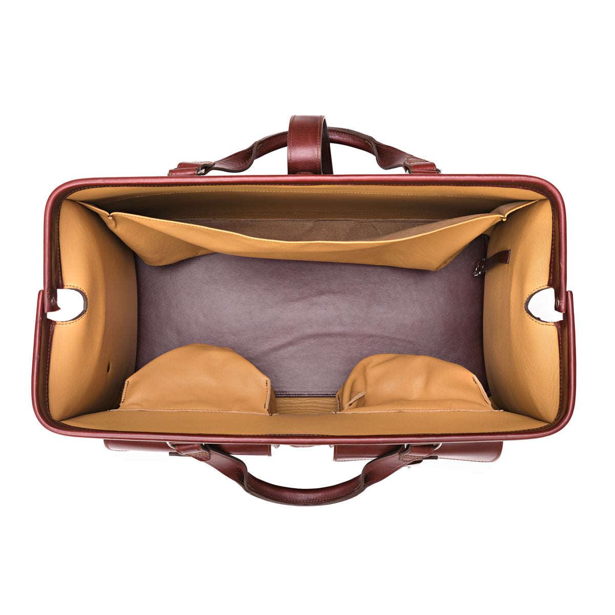 Wesley Deep Pocket Duffle in Oxblood, top view of the open interior with lined pockets