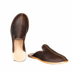 Barefoot Slip-on Mules in Dark Coffee Brown, one standing on its heel and one in side profile