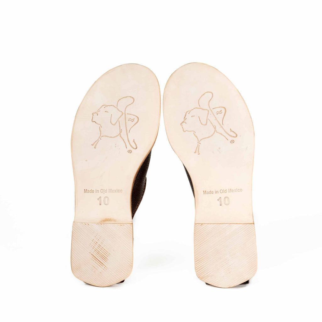 Barefoot Slip-on Mules sole view showing embossed bulldog logo, Made in Old Mexico stamp and size