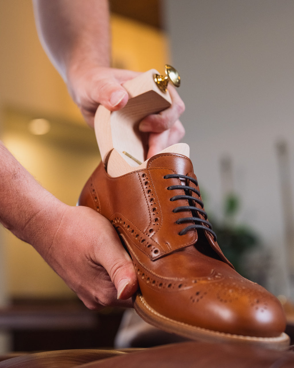 Shoe Tree being inserted into a tan leather wingtip shoe