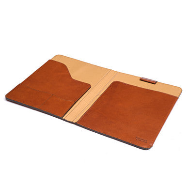 C.S. Lewis Medium Portfolio in English Tan, laid open showing the tan interior and pockets