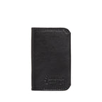 Slim Business Card Holder in Black, front view with stitched edges and embossed logo