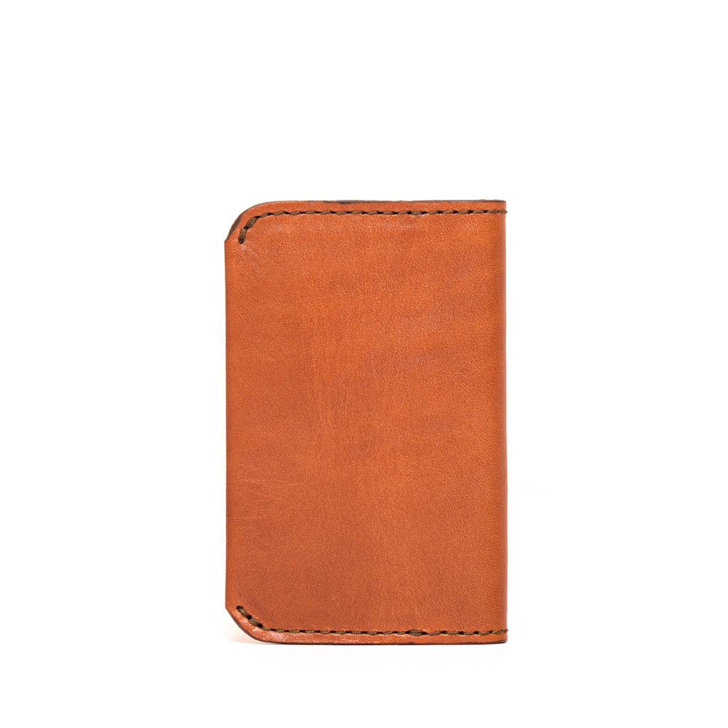 Slim Business Card Holder in English Tan, back view with stitched edges