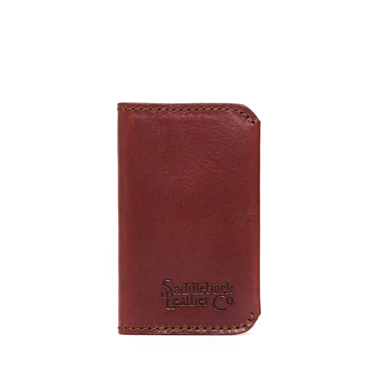 Slim Business Card Holder in Chestnut, front view with stitched edges and embossed logo