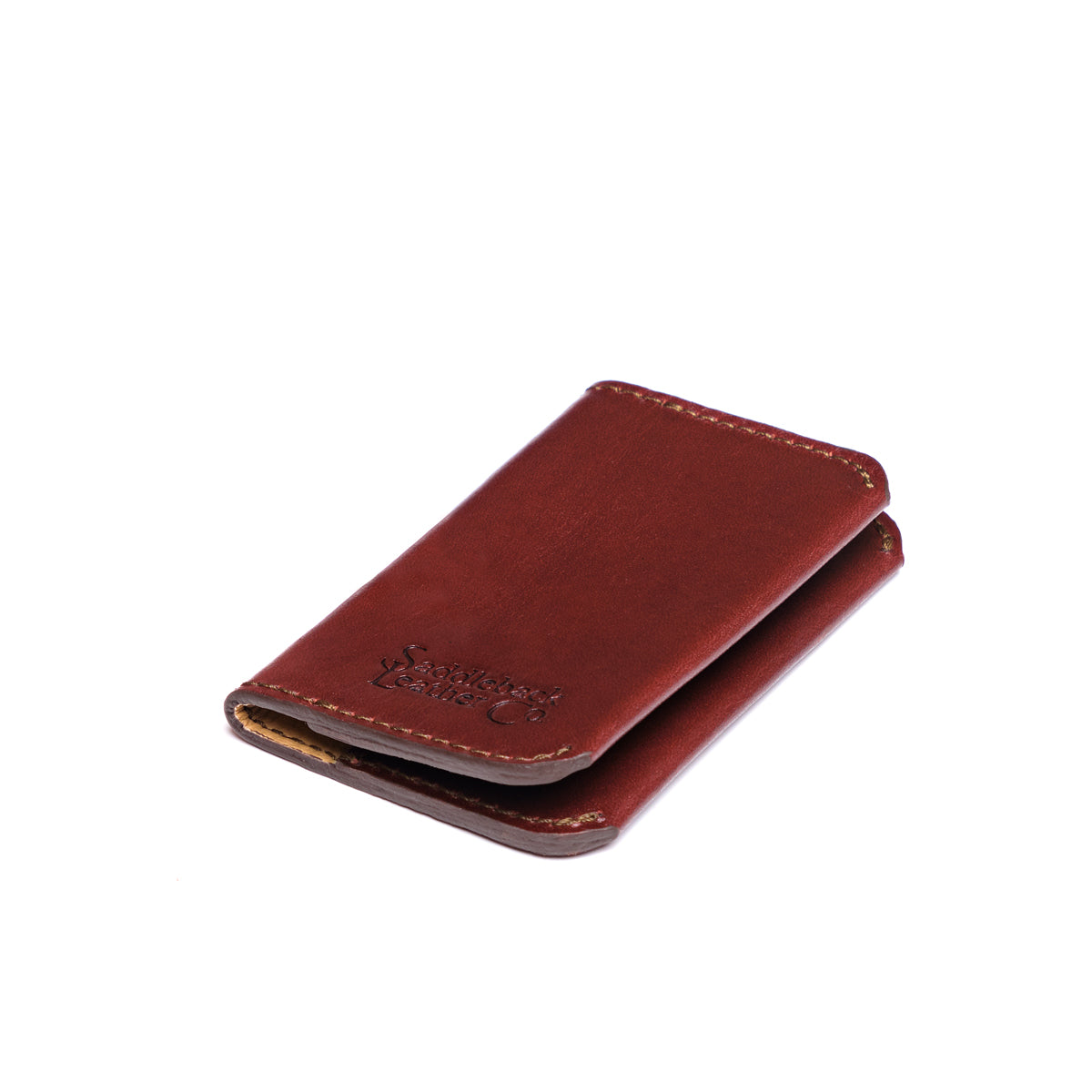 Slim Business Card Holder in Chestnut, closed angled view with embossed logo