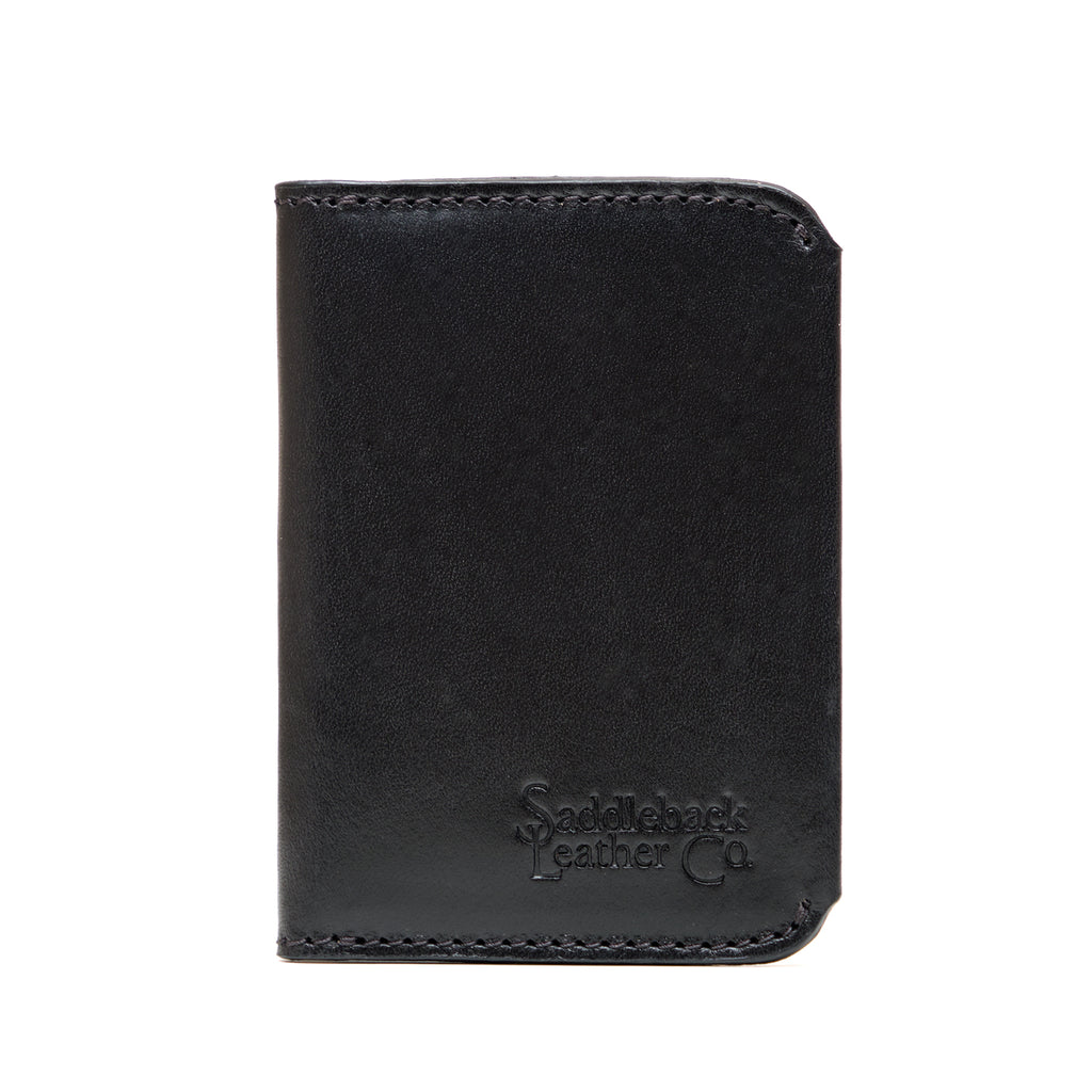 Slim Bifold Wallet in Black, closed front view with embossed logo