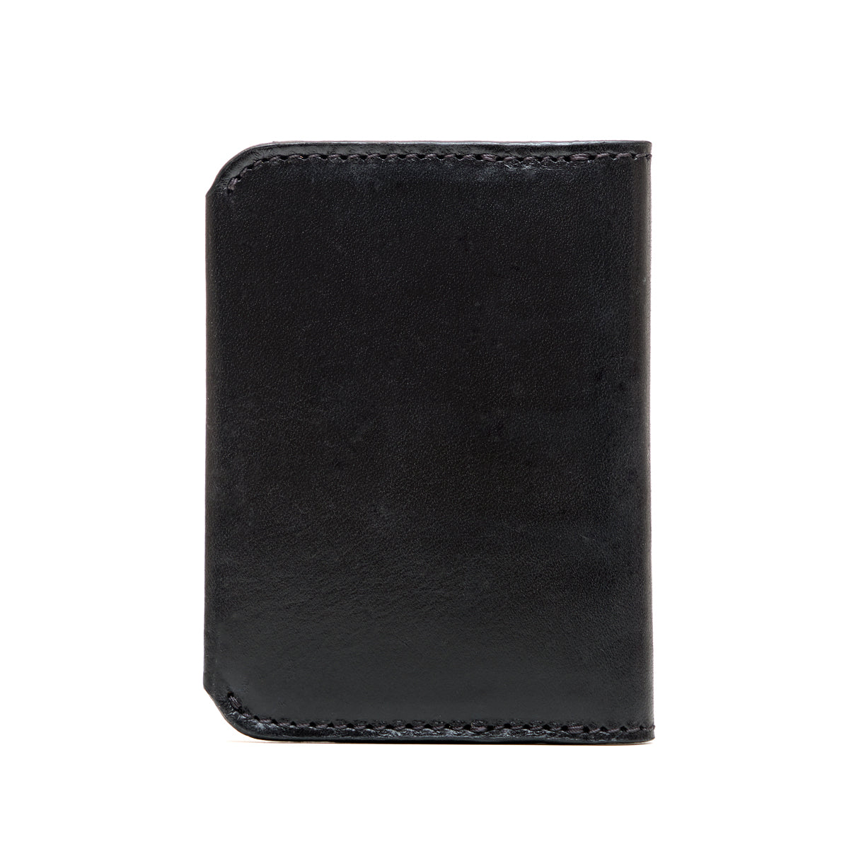 Slim Bifold Wallet in Black, closed back view with stitched edges
