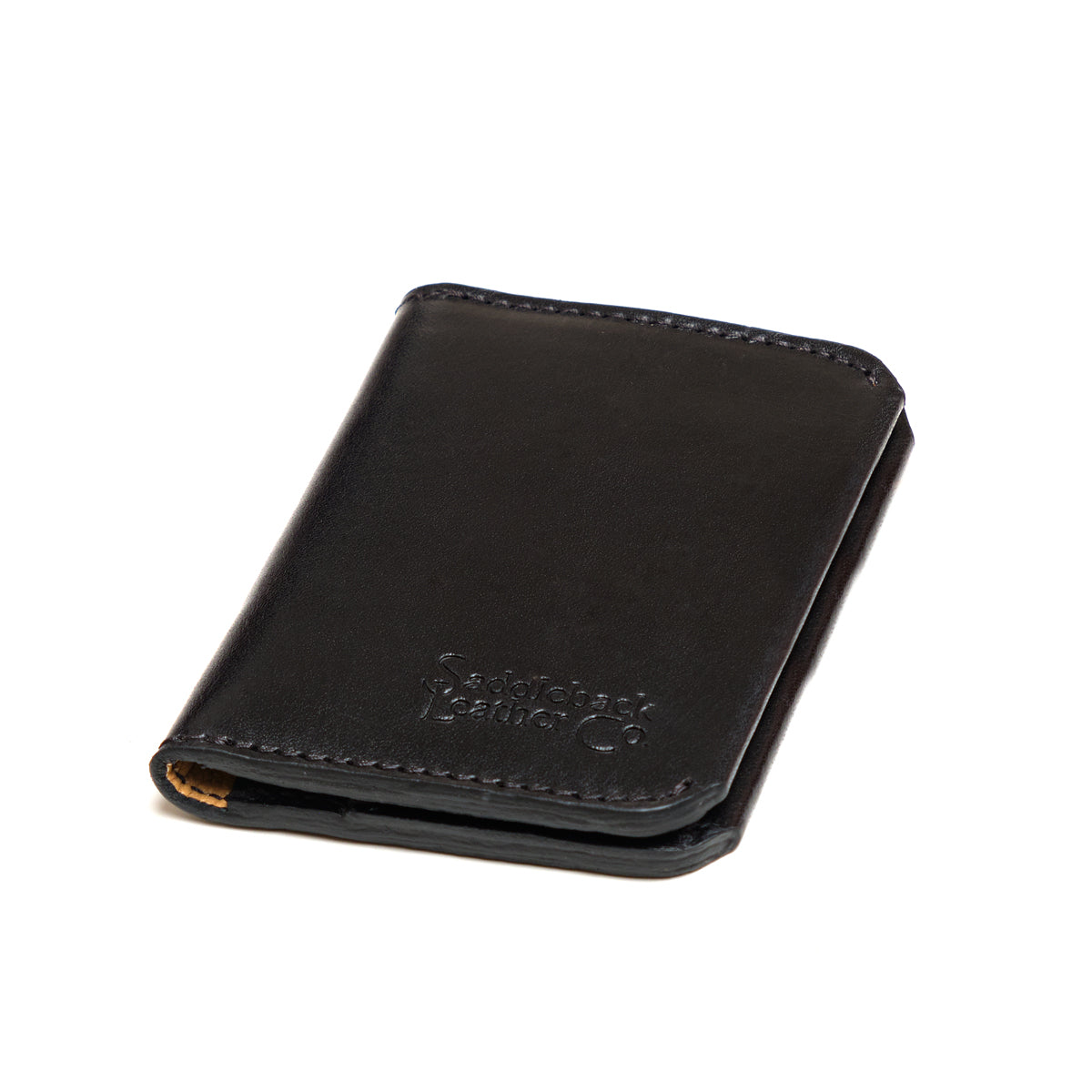 Slim Bifold Wallet in Black, closed angled view with embossed logo