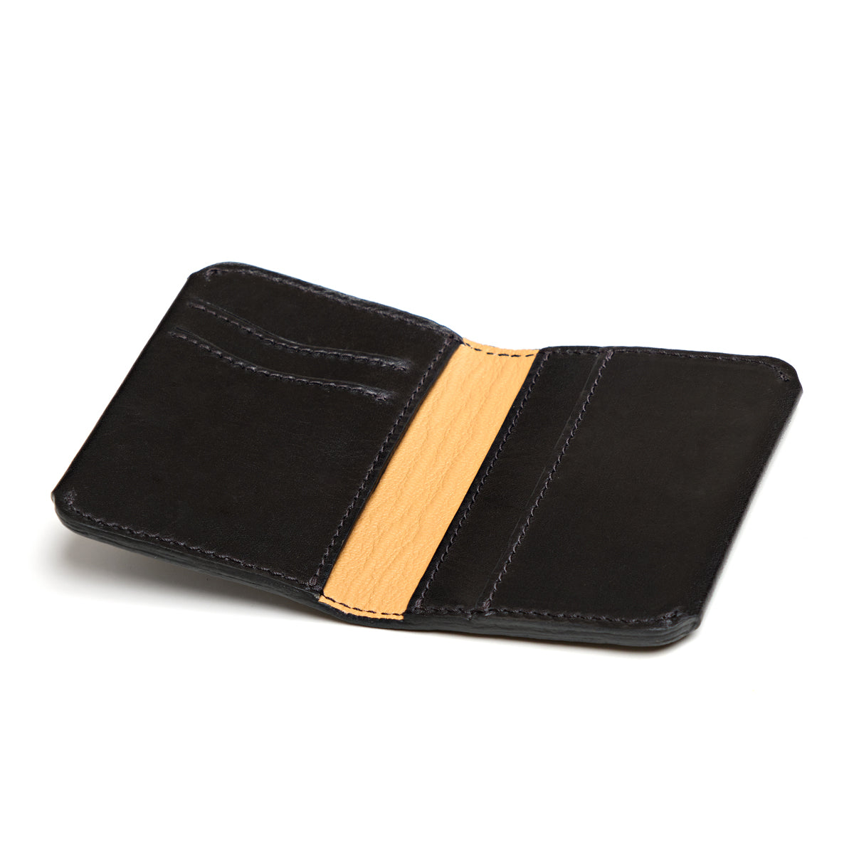Slim Bifold Wallet in Black, open empty view showing card slots and tan center panel