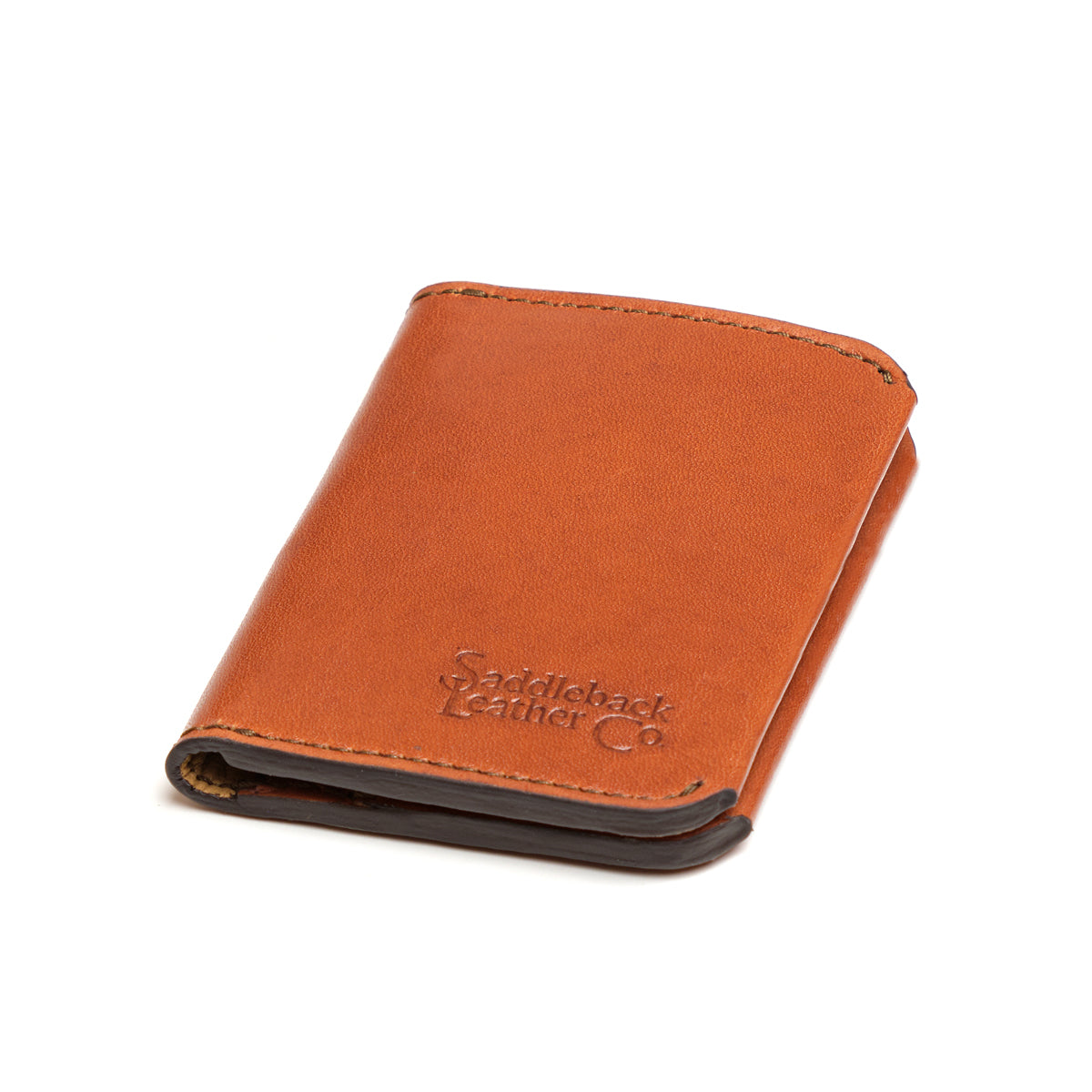 Slim Bifold Wallet in English Tan, closed angled view with embossed logo