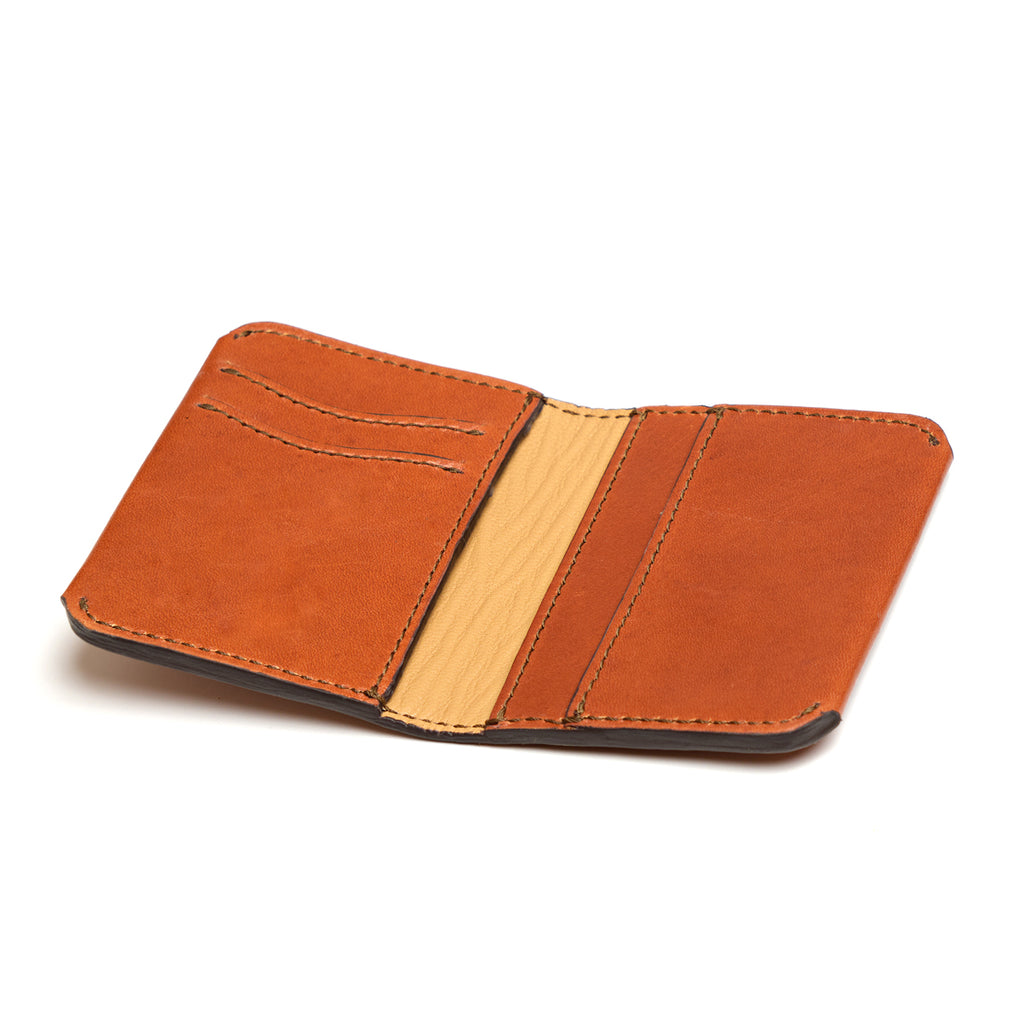 Slim Bifold Wallet in English Tan, open empty view showing card slots and natural center panel