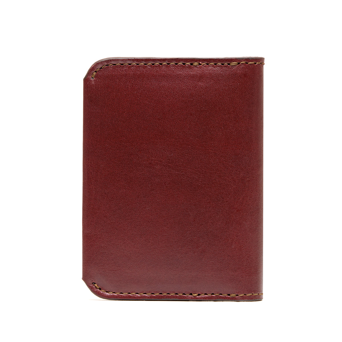 Slim Bifold Wallet in Chestnut, closed back view with stitched edges