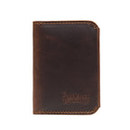 New Slim Leather Bifold Wallet in Dark Coffee Brown, closed front view with embossed logo and rounded corners