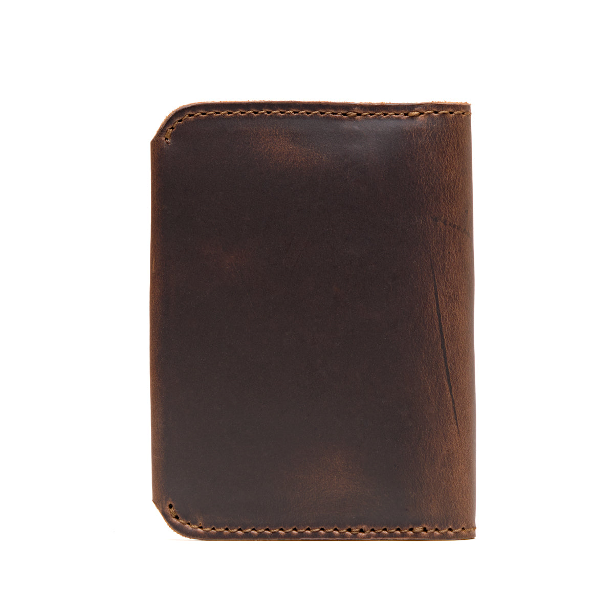 New Slim Leather Bifold Wallet in Dark Coffee Brown, closed back view with rounded corners and stitched edges
