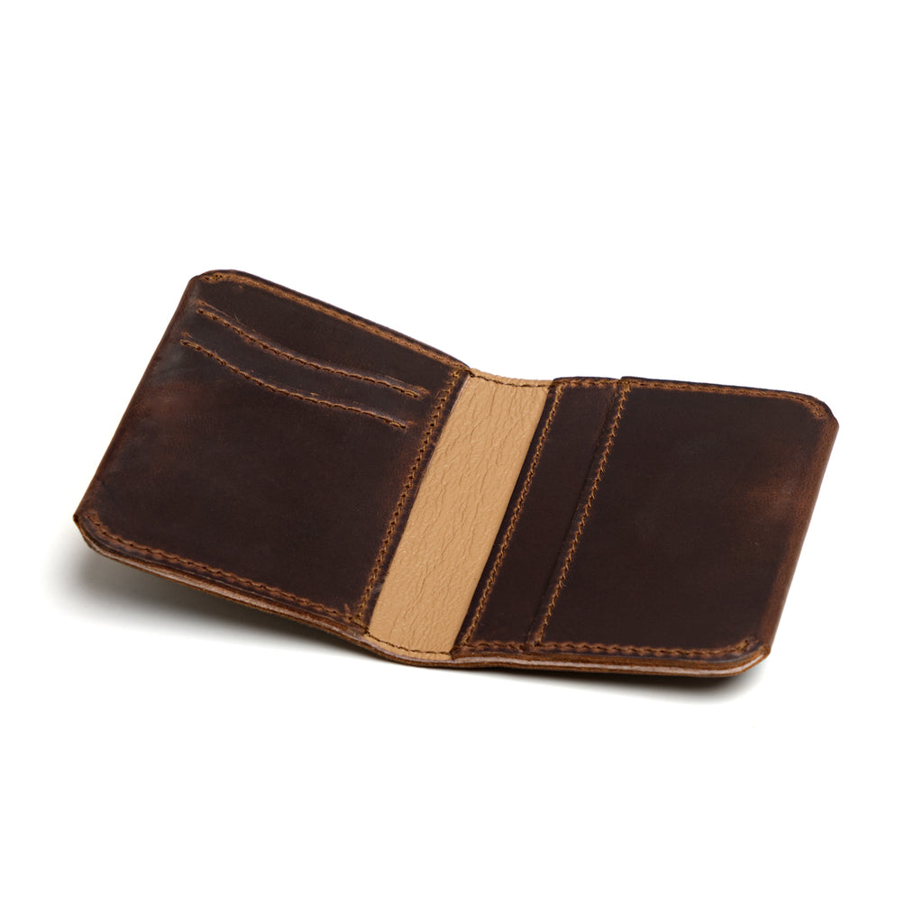 New Slim Leather Bifold Wallet in Dark Coffee Brown opened empty to show the card pockets and center slip pocket
