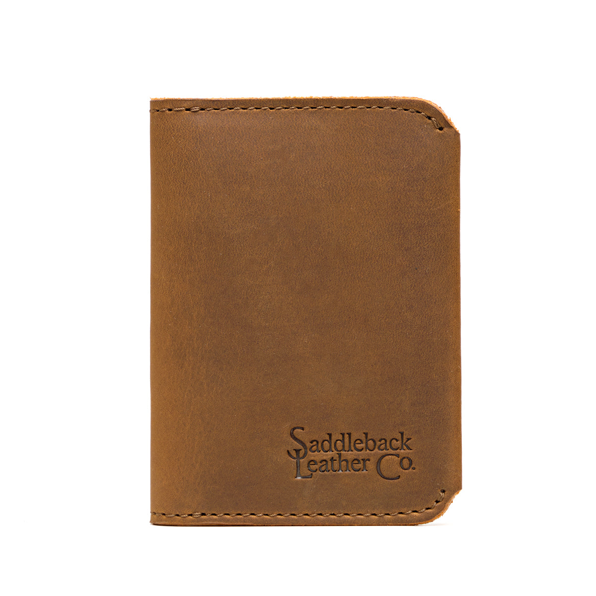 New Slim Leather Bifold Wallet in Tobacco, closed front view with embossed logo and rounded corners