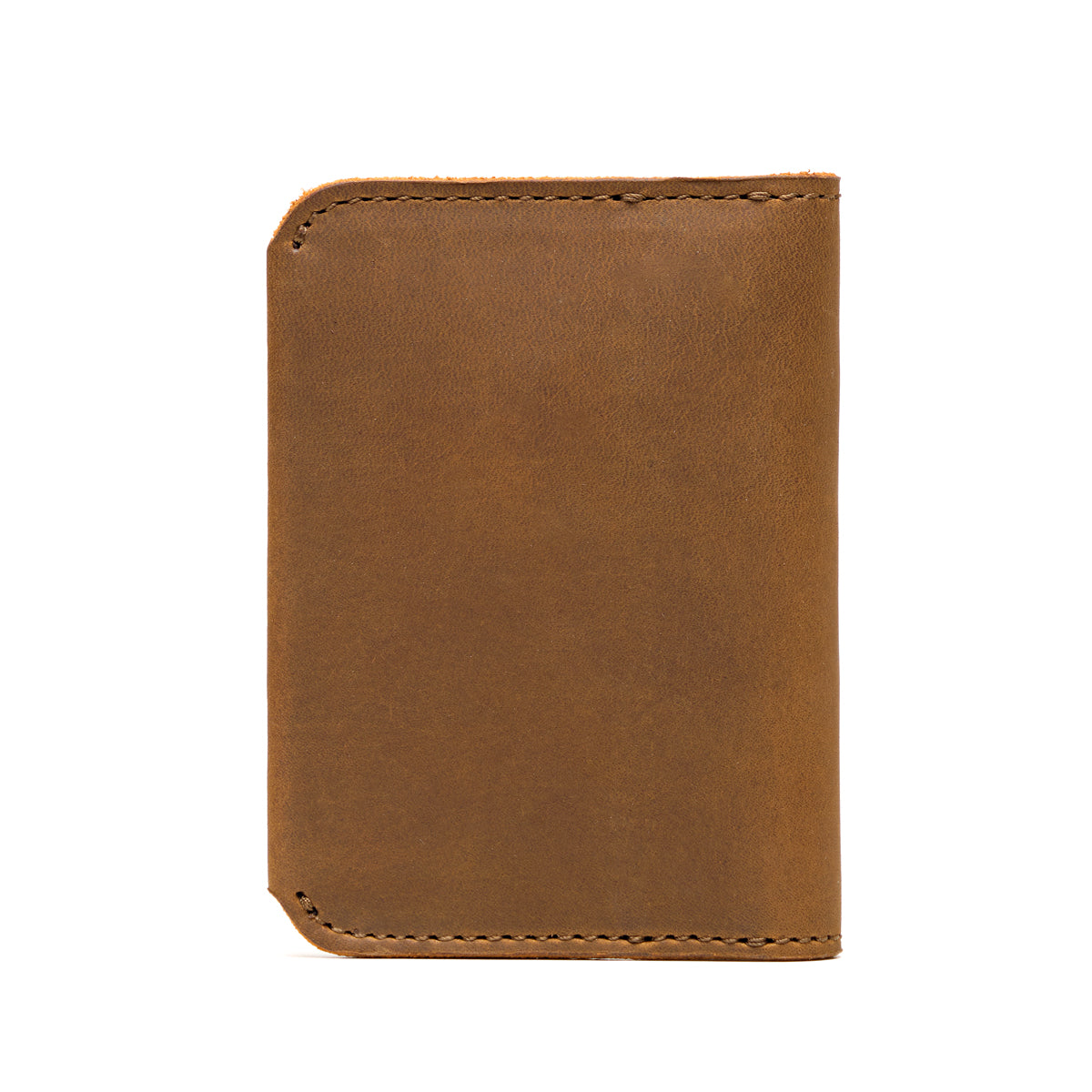 New Slim Leather Bifold Wallet in Tobacco, closed back view with rounded corners and stitched edges