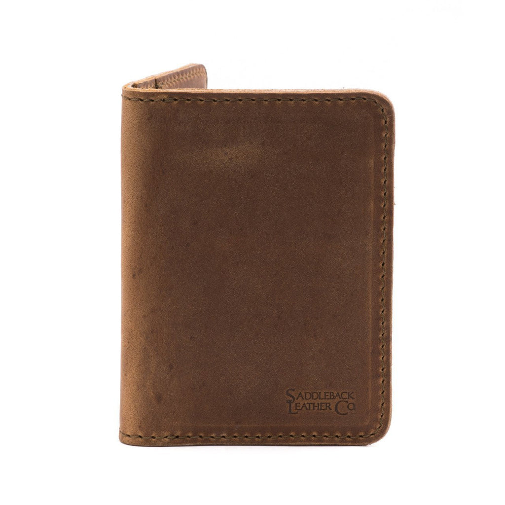 Slim Bifold Leather Wallet in Tobacco, closed front view with embossed logo