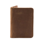 Slim Bifold Leather Wallet in Tobacco, closed front view with embossed logo