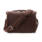 Slim Leather Briefcase in Chestnut, back view with shoulder strap
