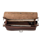 Slim Leather Briefcase in Chestnut, open view showing laptop and documents inside