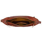 London Sling Large in Chestnut, top view unzipped showing the empty interior and slip pocket