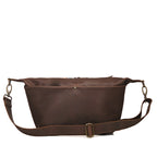 London Sling Large in Dark Coffee Brown, front view with snap pocket and buckled adjustable strap
